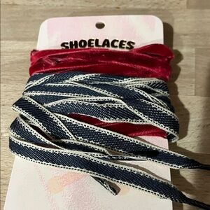 Anthropologie Cranberry Velvet & Navy Striped Shoelaces Set